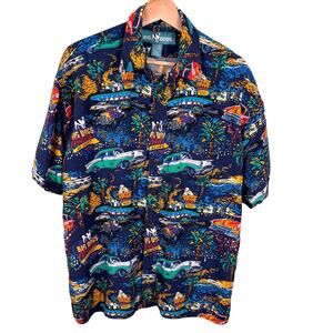 Big Dogs Men's Size S/M Colorful Dogs Vintage Classic Cars Trees Button Up Shirt